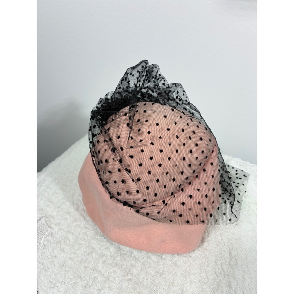 Vintage 1950s Colby Woodward & Lothrop Pink Felt Hat Black Dotted Veil